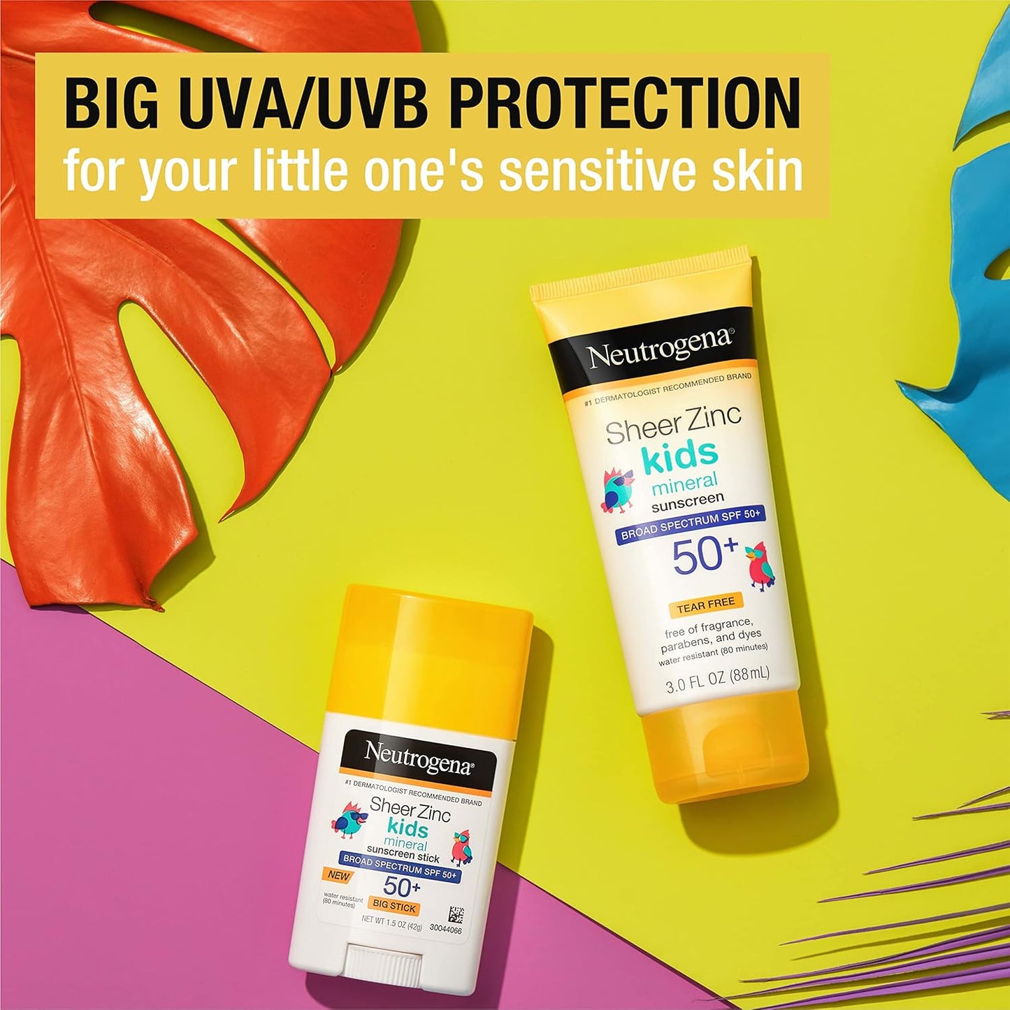 Sheer Zinc Kids Mineral Sunscreen Stick, Broad Spectrum SPF 50+, Waterproof, Non-Oily, 2.88 Oz - Bundle with Tropical Pool Beach Stickers, No-Mess Application (Pack of 1)