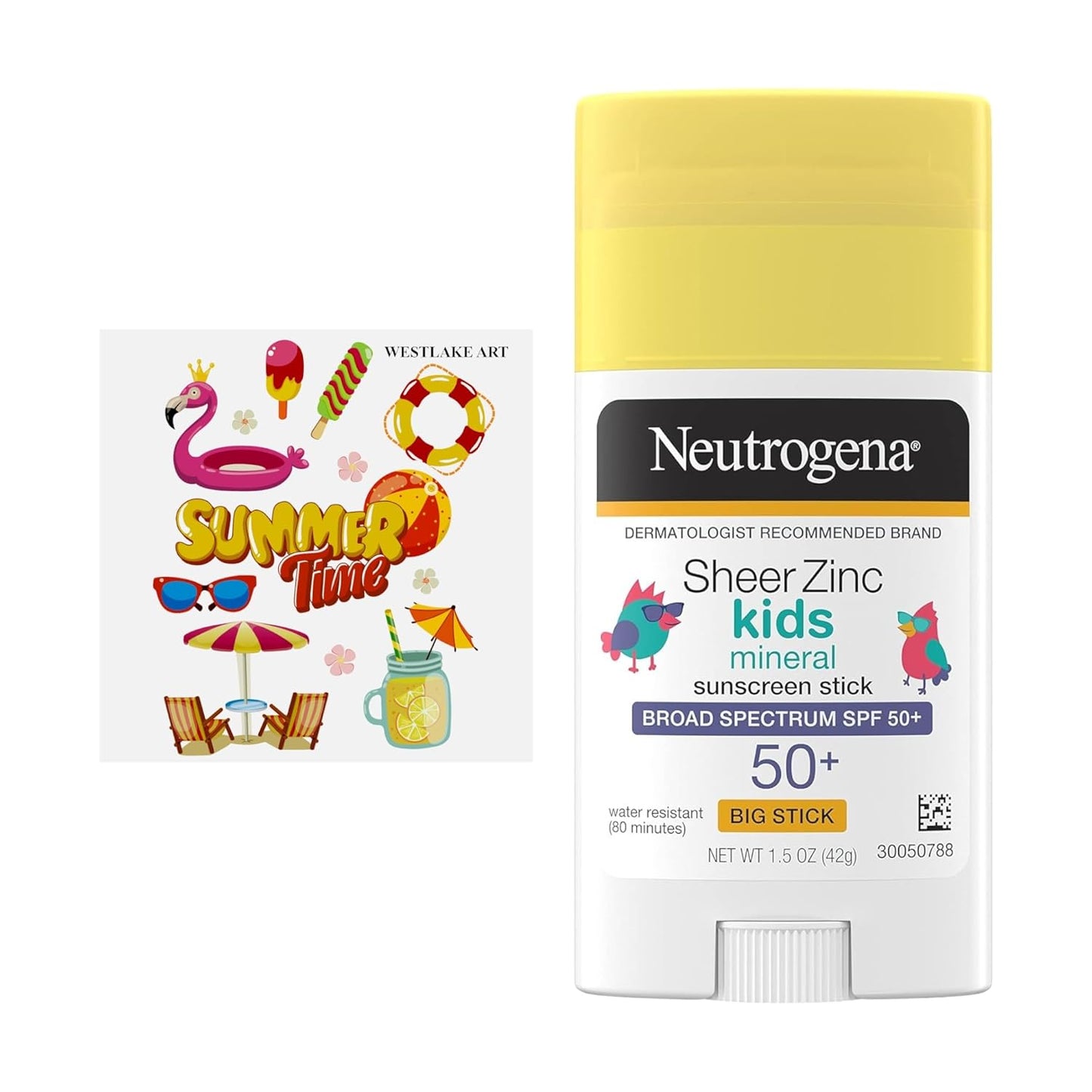 Sheer Zinc Kids Mineral Sunscreen Stick, Broad Spectrum SPF 50+, Waterproof, Non-Oily, 2.88 Oz - Bundle with Tropical Pool Beach Stickers, No-Mess Application (Pack of 1)