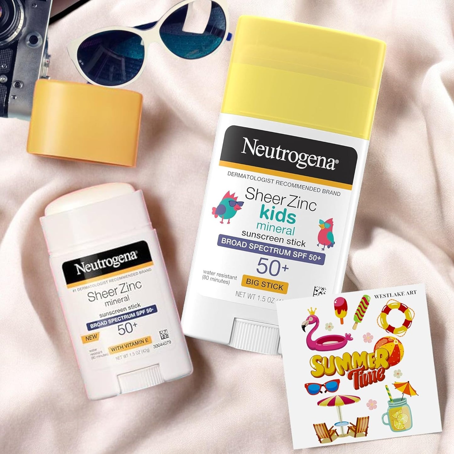 Sheer Zinc Kids Mineral Sunscreen Stick, Broad Spectrum SPF 50+, Waterproof, Non-Oily, 2.88 Oz - Bundle with Tropical Pool Beach Stickers, No-Mess Application (Pack of 1)