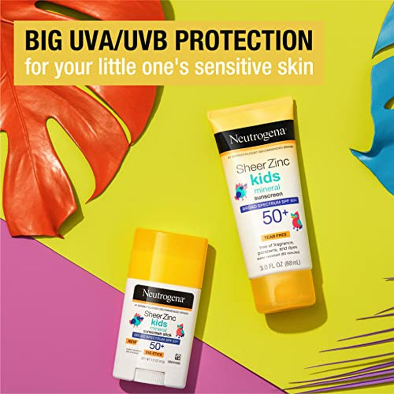 Sheer Zinc Kids Mineral Sunscreen Stick, Broad Spectrum SPF 50+, Waterproof, Non-Oily, 2.88 Oz - Bundle with Tropical Pool Beach Stickers, No-Mess Application (Pack of 1)