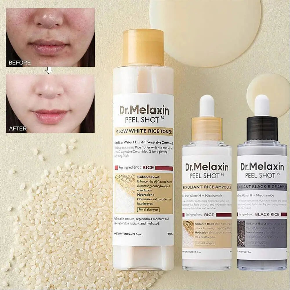 Korean Dr. Melaxin Skin Care Kit - 80ML White and Black Rice Exfoliating Essence, 200ML White Toner, Facial Moisturizing Soften
