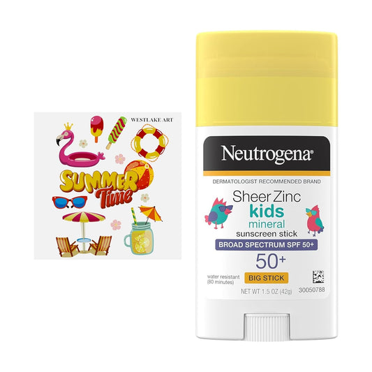Sheer Zinc Kids Mineral Sunscreen Stick, Broad Spectrum SPF 50+, Waterproof, Non-Oily, 2.88 Oz - Bundle with Tropical Pool Beach Stickers, No-Mess Application (Pack of 1)