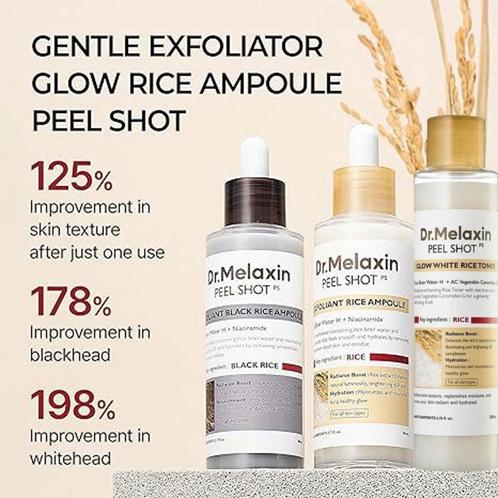 Korean Dr. Melaxin Skin Care Kit - 80ML White and Black Rice Exfoliating Essence, 200ML White Toner, Facial Moisturizing Soften